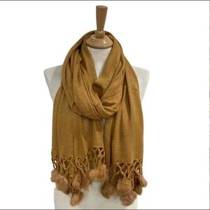 Mustard Scarf with Fringe Pom Poms